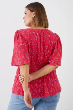 Dorothy Perkins Curve Red Floral Crinkle Angel Sleeve Blouse -Clozurely Sales Store bqq10180 red xl 2