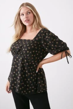 Dorothy Perkins Curve Black Floral Tie Sleeve Square Neck Blouse