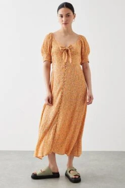 Dorothy Perkins Petite Yellow Ditsy Button Through Tie Front Midi Dress