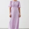 Dorothy Perkins Petite Lilac Spot Flutter Sleeve Shirred Waist Midi Dress