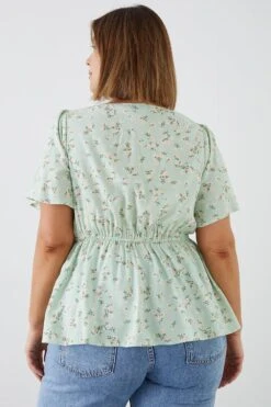 Dorothy Perkins Curve Sage Floral Ruched Front Blouse -Clozurely Sales Store bqq10291 sage xl 2