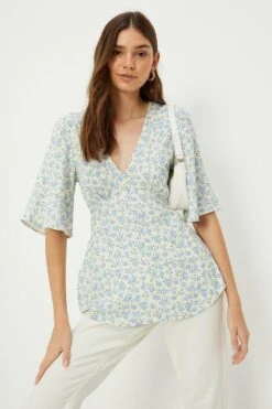 Dorothy Perkins Tall Blue Ditsy Button Through Tea Blouse
