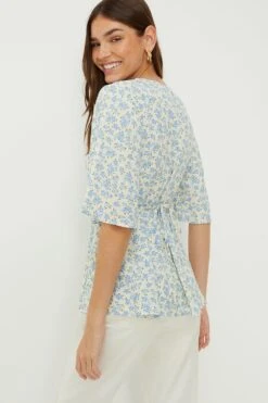 Dorothy Perkins Tall Blue Ditsy Button Through Tea Blouse -Clozurely Sales Store bqq10675 blue xl 2