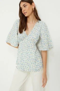 Dorothy Perkins Tall Blue Ditsy Button Through Tea Blouse -Clozurely Sales Store bqq10675 blue xl 3