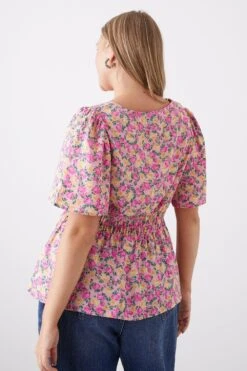 Dorothy Perkins Curve Pink Floral Sihrred Bodice Tie Blouse -Clozurely Sales Store bqq10686 pink xl 2
