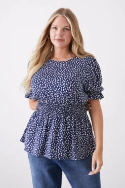 Dorothy Perkins Curve Blue Non Print Shirred Waist Puff Sleeve Top
