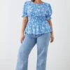 Dorothy Perkins Curve Blue Floral Shirred Waist Puff Sleeve Top