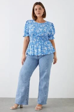 Dorothy Perkins Curve Blue Floral Shirred Waist Puff Sleeve Top