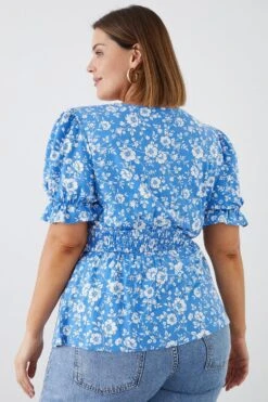 Dorothy Perkins Curve Blue Floral Shirred Waist Puff Sleeve Top 5 Dorothy Perkins Curve Blue Floral Shirred Waist Puff Sleeve Top -Clozurely Sales Store bqq10704 blue xl 2