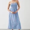 Dorothy Perkins Petite Blue Floral Shirred Bodice Bandeau Midi Dress