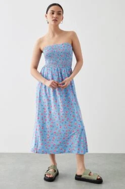 Dorothy Perkins Petite Blue Floral Shirred Bodice Bandeau Midi Dress