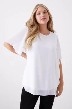 Dorothy Perkins Curve White Chiffon Pleated Sleeve Blouse
