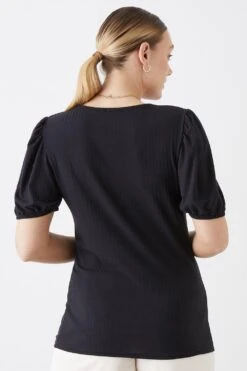 Dorothy Perkins Tall Rib Puff Sleeve Fitted Top -Clozurely Sales Store bqq11072 black xl 2