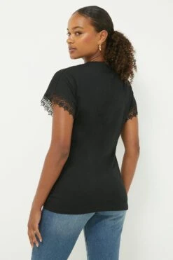 Dorothy Perkins Tall Lace Trim Roll Sleeve T-shirt -Clozurely Sales Store bqq11456 black xl 2