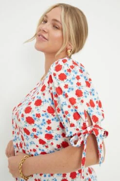 Dorothy Perkins Curve Red Ditsy Floral Tie Sleeve Blouse -Clozurely Sales Store bqq11671 red xl 2