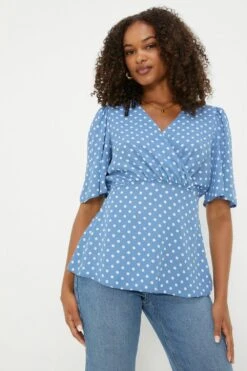 Dorothy Perkins Tall Blue Spot Wrap Angel Sleeve Blous