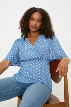 Dorothy Perkins Tall Blue Spot Wrap Angel Sleeve Blous -Clozurely Sales Store bqq11682 mono xl 3
