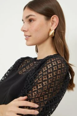 Dorothy Perkins Tall Lace Yoke Sleeve Blouse -Clozurely Sales Store bqq11689 black xl 3