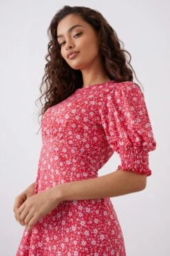 Dorothy Perkins Petite Red Floral Shirred Cuff Midi Dress -Clozurely Sales Store bqq11902 red xl 3