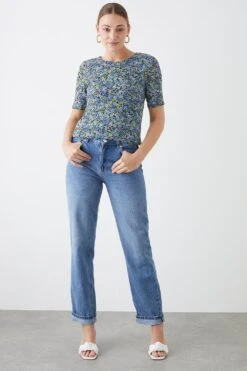Dorothy Perkins Tall Blue Floral Mesh Short Sleeve Top