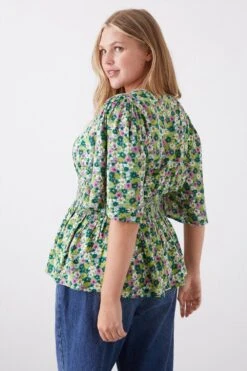 Dorothy Perkins Curve Green Floral Shirred Waist Blouse -Clozurely Sales Store bqq11909 green xl 2