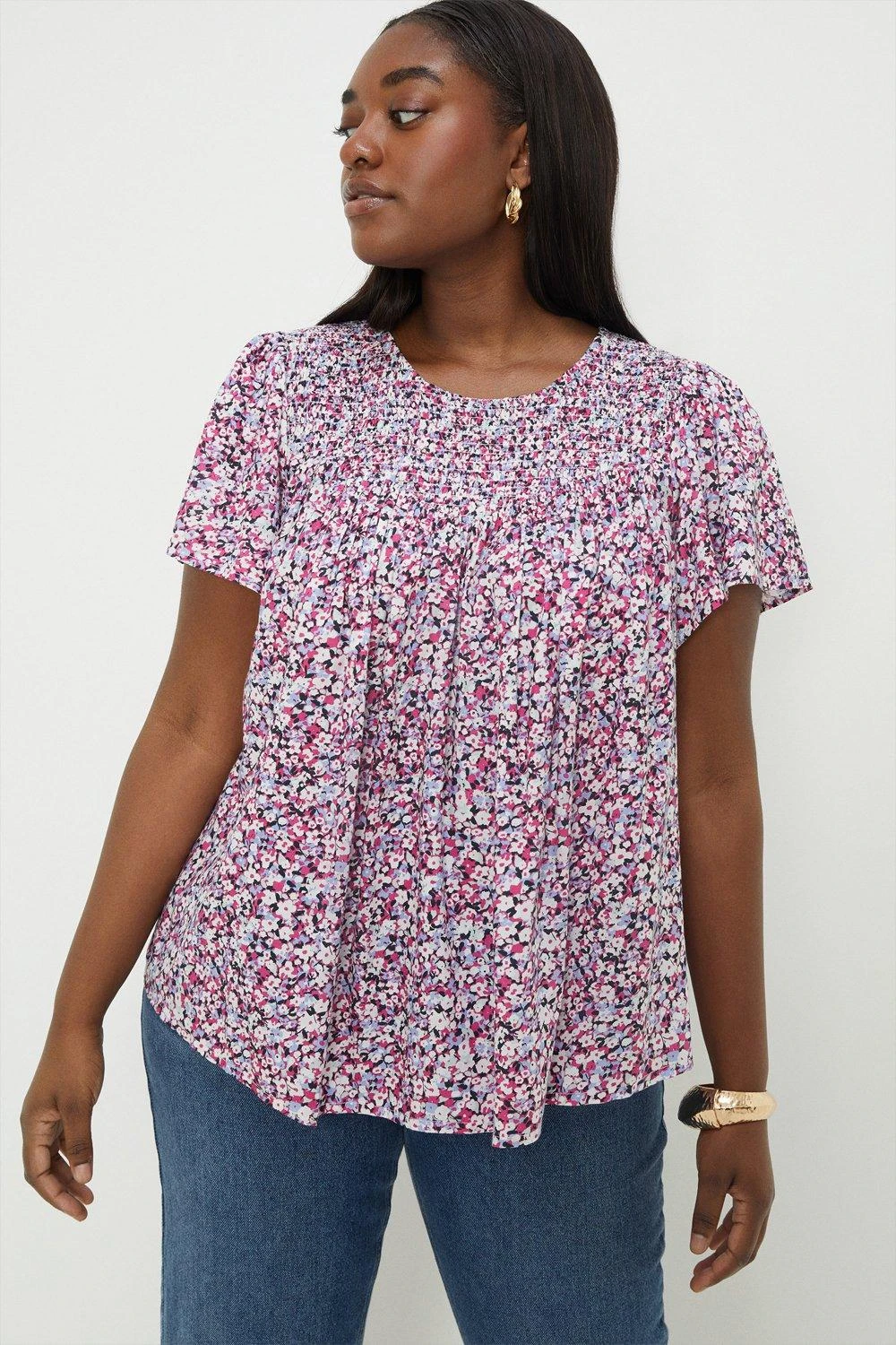 Dorothy Perkins Curve Pink Floral Shirred Yoke Blouse 2 Dorothy Perkins Curve Pink Floral Shirred Yoke Blouse - Image 2