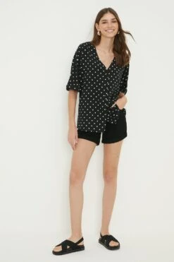 Dorothy Perkins Tall Spot Turn Back Cuff V Neck Blouse