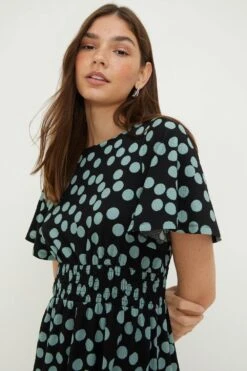 Dorothy Perkins Spot Shirred Waist Short Sleeve Midi Dress 7 Dorothy Perkins Spot Shirred Waist Short Sleeve Midi Dress -Clozurely Sales Store bqq12854 green xl 3