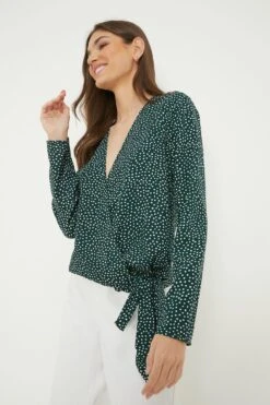 Dorothy Perkins Tall Green Spot Long Sleeve Wrap Blouse
