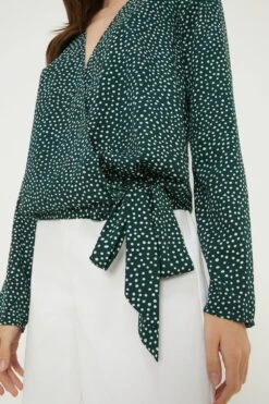 Dorothy Perkins Tall Green Spot Long Sleeve Wrap Blouse -Clozurely Sales Store bqq12980 green xl 2
