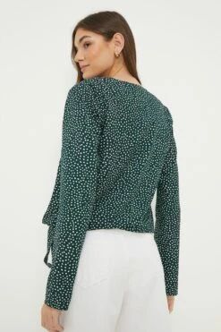 Dorothy Perkins Tall Green Spot Long Sleeve Wrap Blouse -Clozurely Sales Store bqq12980 green xl 3