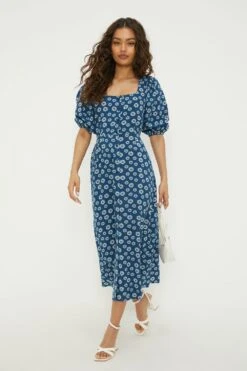 Dorothy Perkins Petite Blue Daisy Button Through Midi Dress