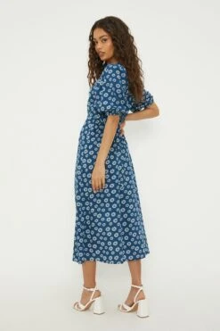 Dorothy Perkins Petite Blue Daisy Button Through Midi Dress -Clozurely Sales Store bqq13010 blue xl 2
