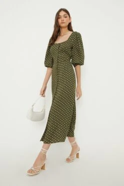 Dorothy Perkins Tall Khaki Spot Button Through Midi Dress