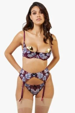 Playful Promises Joanna Burgundy Gold Embroidery Suspender Belt -Clozurely Sales Store m5056575394834 wine xl 3